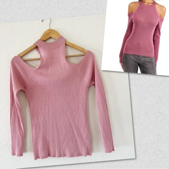 Pink ribbed long sleeve cold shoulder top mock neck Size Large - Picture 1 of 8